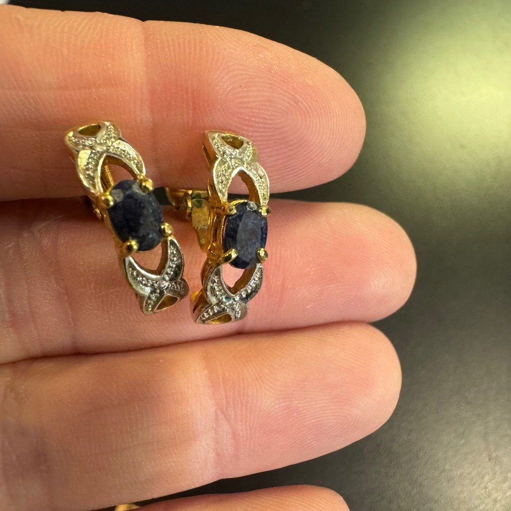 Clip On Hoop Earrings Women Small Gold Silver Navy Blue Faux Sapphire Openwork